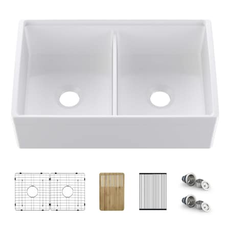 Kibi 33in Pure Fireclay Double Bowl  Farmhouse Kitchen Workstation Sink K2-DF33T